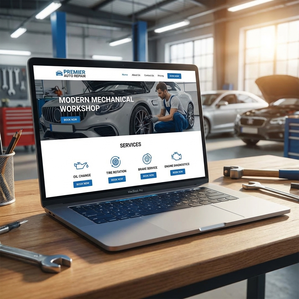 Mockup do site de Oficina Mecânica em um laptop